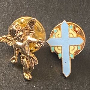 Vintage Cherub & Hallmark Gold Tone & Blue Cross Easter Lapel Pin or Tie Tac